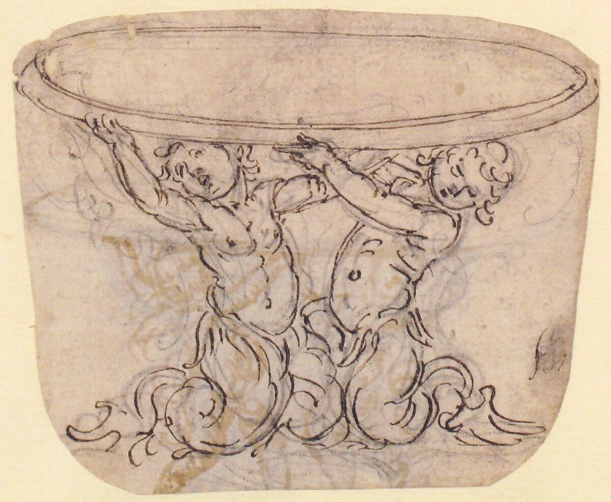 Table or Basin Supported by Male Sirens (recto); Sketch for the same subject (verso), Attributed to Giovanni Battista Foggini (Italian, Florence 1652–1725 Florence), Pen and brown ink, over black chalk (recto); pen and light brown ink, over black chalk (verso)
