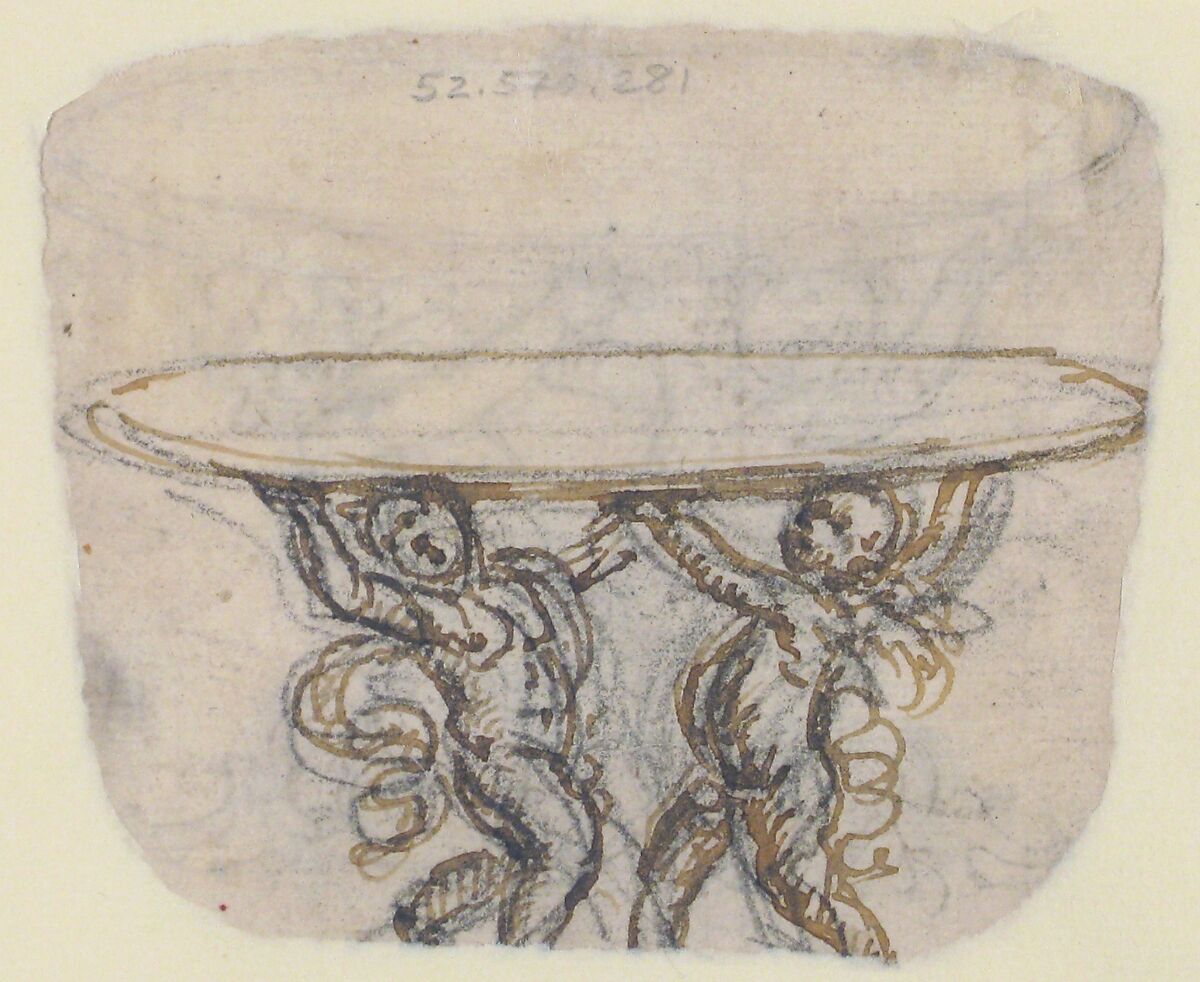 Table or Basin Supported by Male Sirens (recto); Sketch for the same subject (verso), Attributed to Giovanni Battista Foggini (Italian, Florence 1652–1725 Florence), Pen and brown ink, over black chalk (recto); pen and light brown ink, over black chalk (verso)