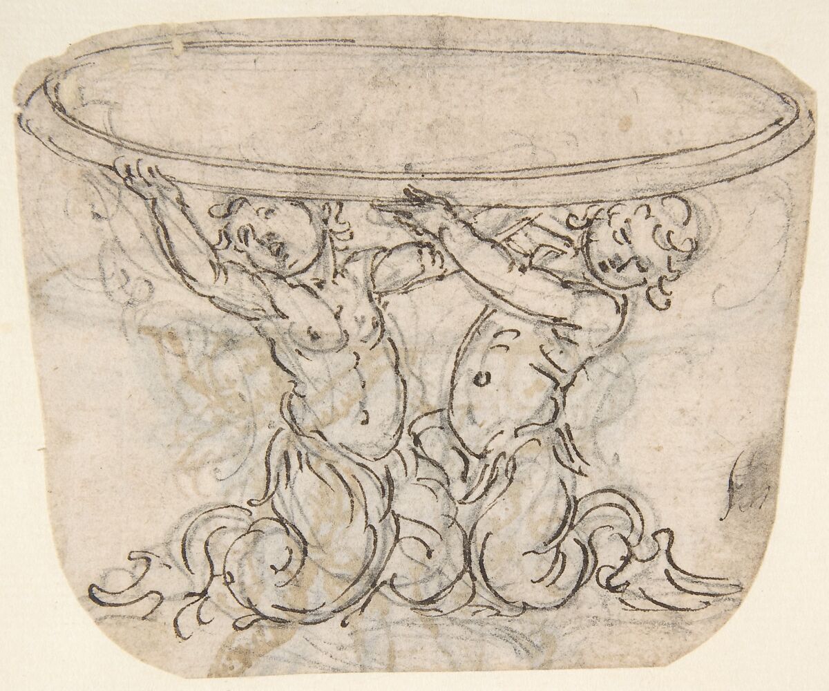Table or Basin Supported by Male Sirens (recto); Sketch for the Same Subject (verso) ., Attributed to Giovanni Battista Foggini (Italian, Florence 1652–1725 Florence), Pen and brown ink, over traces of black chalk (recto); Pen and light brown ink, over traces of black chalk (verso) 