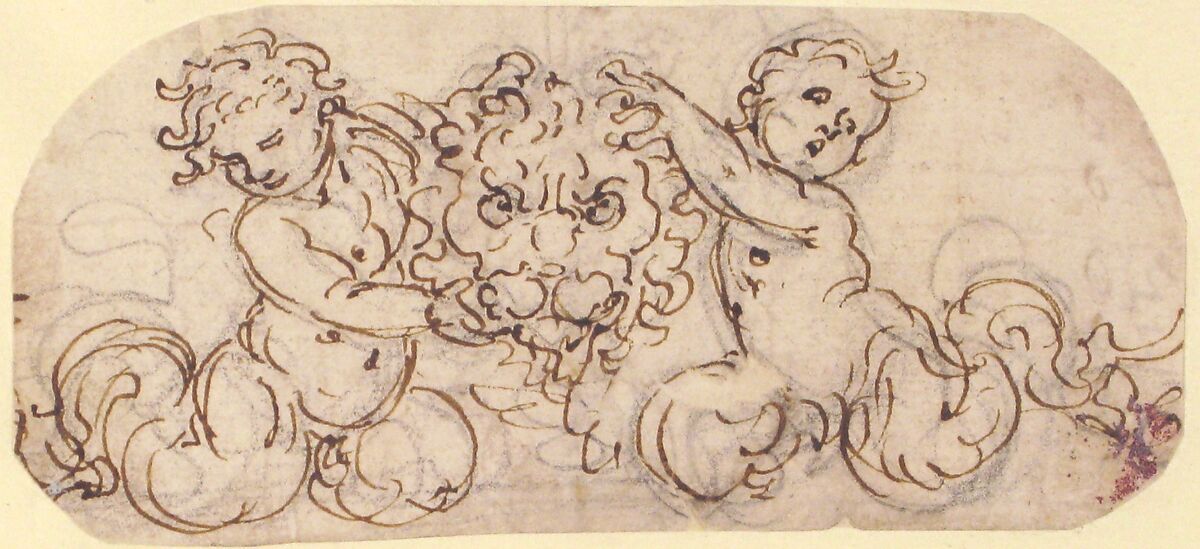 Design for a Lion's Head flanked by Satyrs, Attributed to Giovanni Battista Foggini (Italian, Florence 1652–1725 Florence), Pen and brown ink, over a preliminary drawing in black chalk