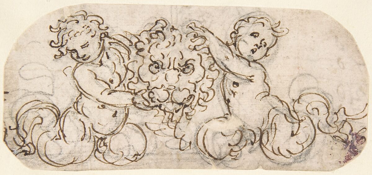 Design for a Lion's Head flanked by Satyrs, Attributed to Giovanni Battista Foggini (Italian, Florence 1652–1725 Florence), Pen and brown ink, over a preliminary drawing in black chalk 