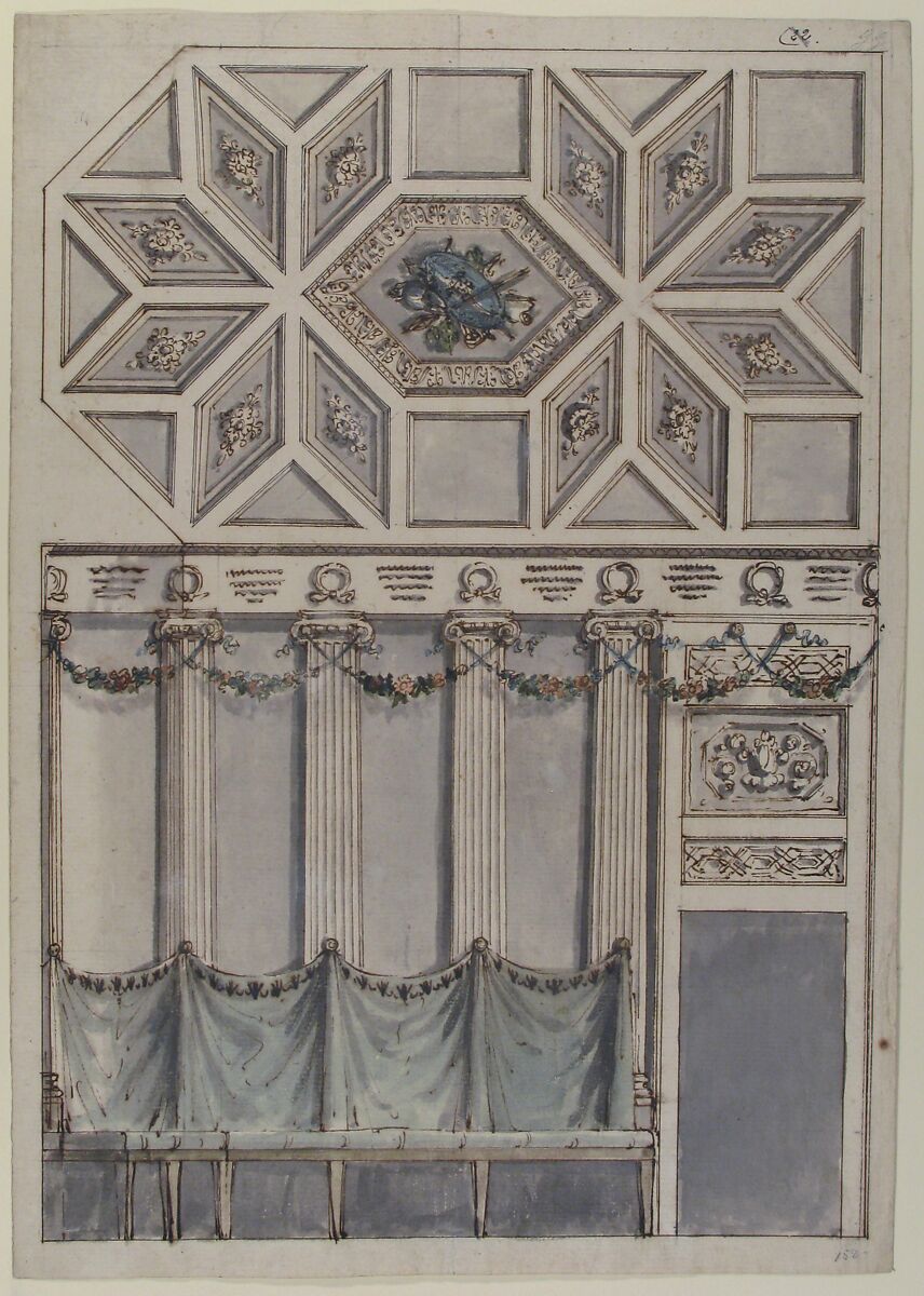 Framed Design for an Architectural Interior: Coffered Ceiling with Central Hexagonal Cartouche and Walls with Floral Ornament and Drapery., Attributed to Antonio Basoli (Italian, Castel Guelfo di Bologna 1774–1843 Bologna), Pen and brown ink, brush and brown, gray, blue, orange, green wash, over traces of graphite