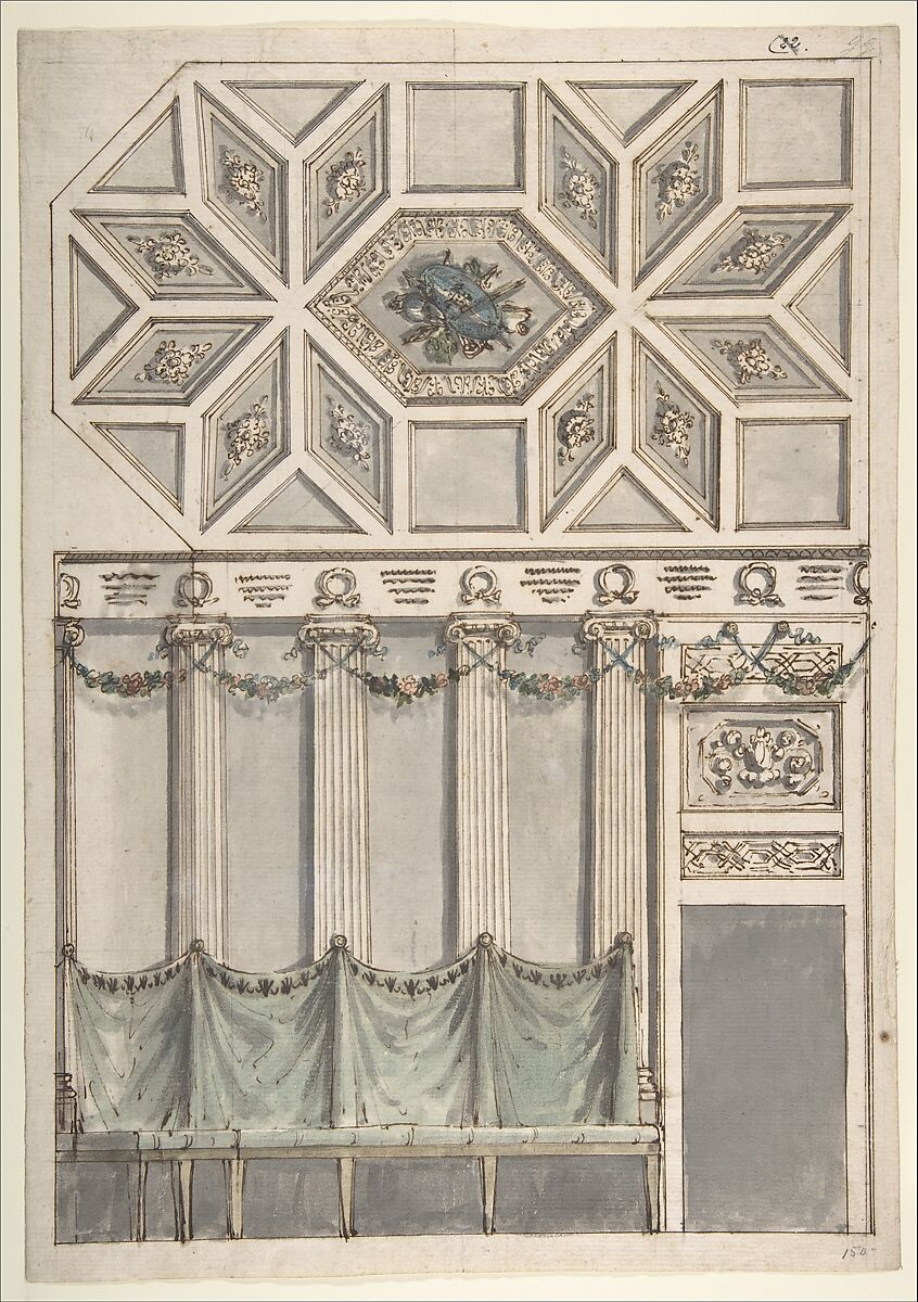Framed Design for an Architectural Interior: Coffered Ceiling with Central Hexagonal Cartouche and Walls with Floral Ornament and Drapery., Attributed to Antonio Basoli (Italian, Castel Guelfo di Bologna 1774–1843 Bologna), Pen and brown ink, brush and brown, gray, blue, orange, green wash, over traces of graphite 