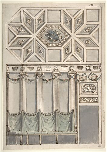 Framed Design for an Architectural Interior: Coffered Ceiling with Central Hexagonal Cartouche and Walls with Floral Ornament and Drapery.
