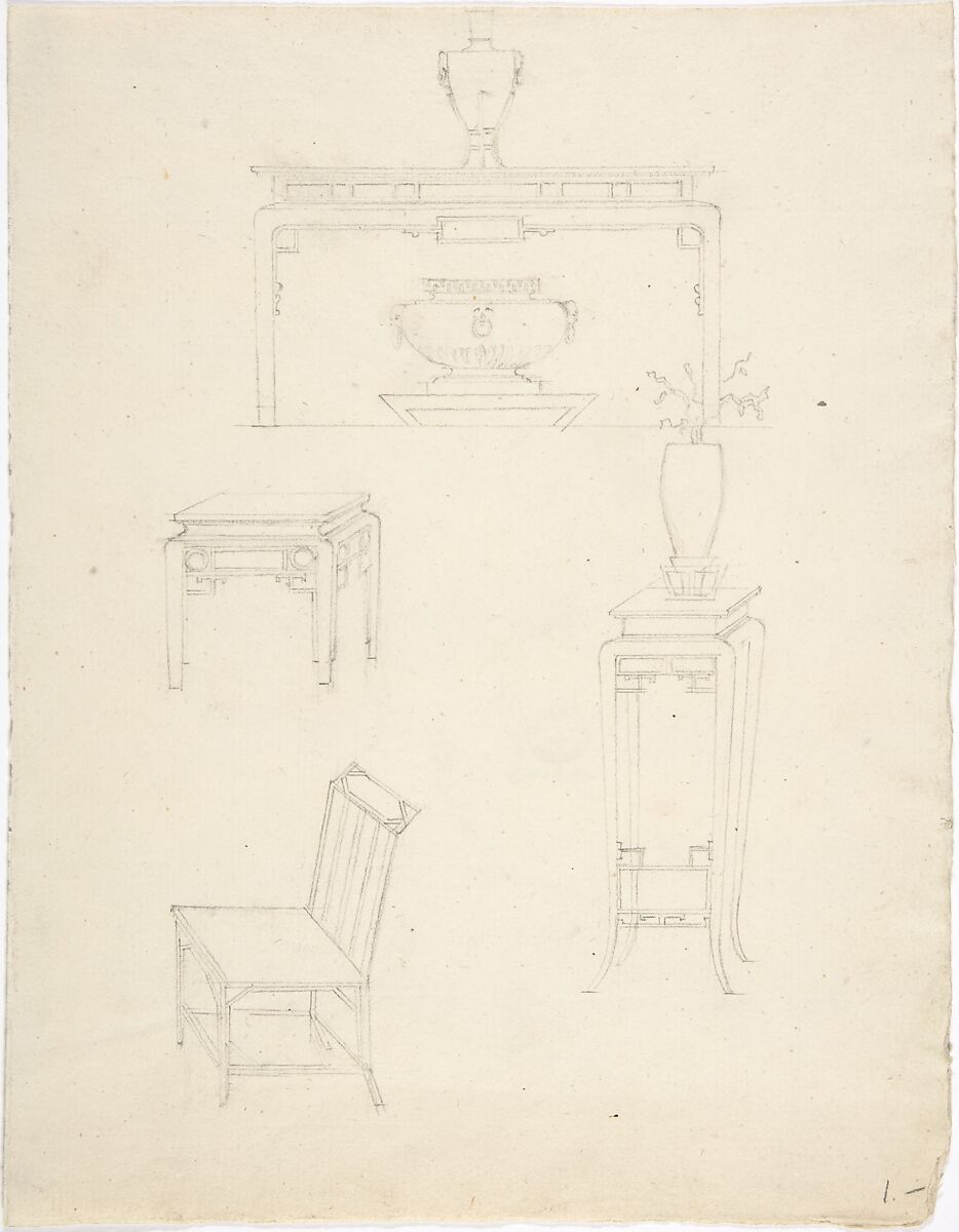 Designs for Chinoiserie Furniture: Three Tables and a Chair, Anonymous, Italian, 18th or early 19th century, Leadpoint 