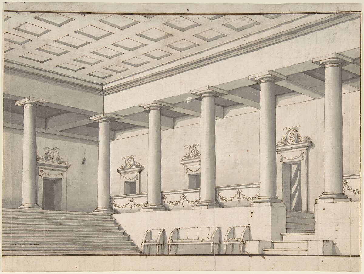 Palace or Villa Interior, Colonnaded Hall, Giovanni Larciani ("Master of the Kress Landscapes") (Italian, 1484–1527), Pen and brown ink, gray wash over black chalk 
