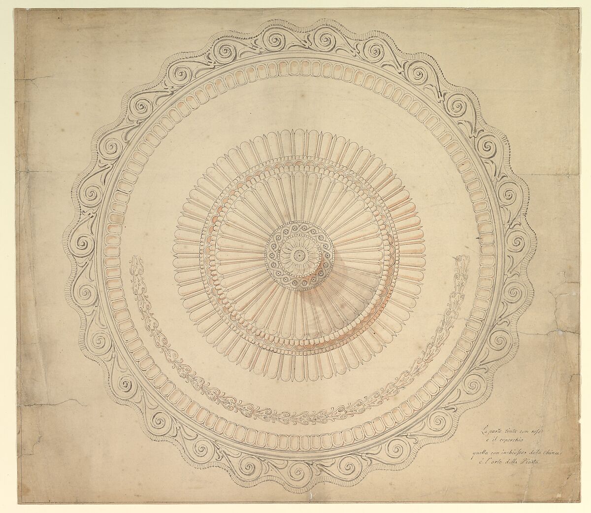Design for a Porcelain Plate, Giovanni Larciani ("Master of the Kress Landscapes") (Italian, 1484–1527), Pen and ink with gray and pink washes 