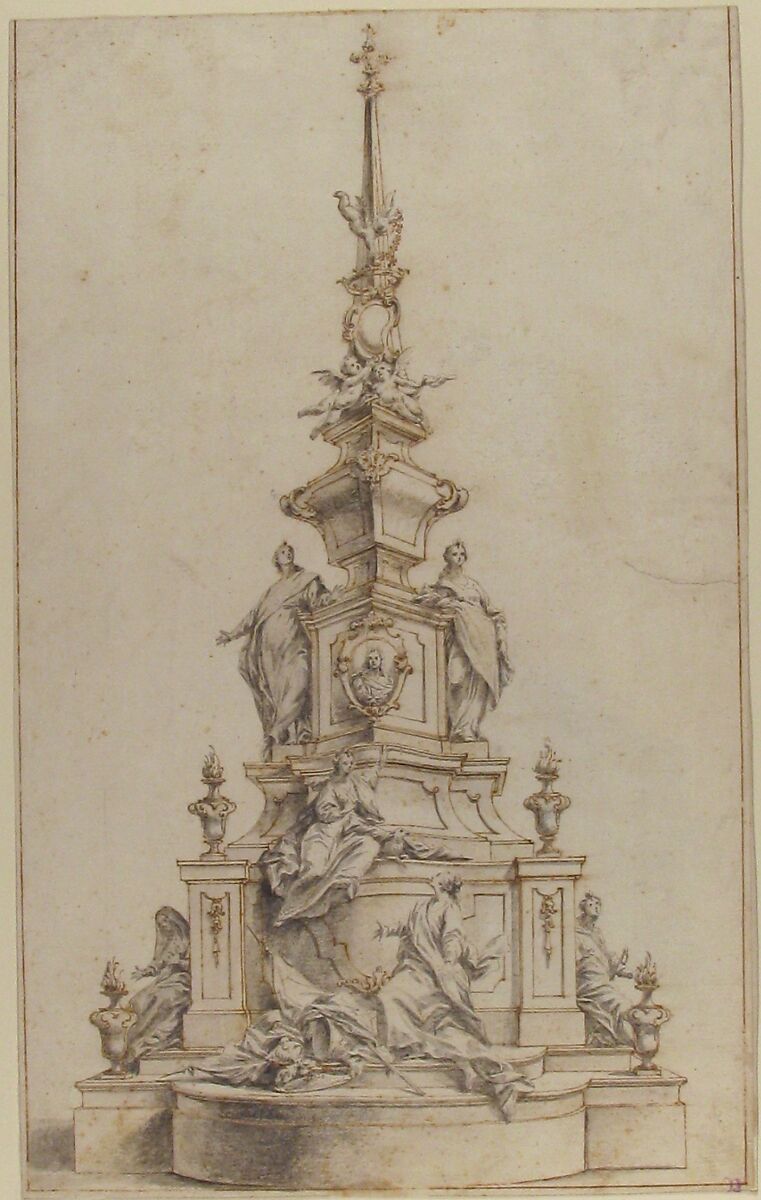 Design for a Funerary Monument, Circle of Ignaz Günther (German, Altmannstein 1725–1775 Munich) (?), Pen and brown ink, with gray wash; incised for transfer