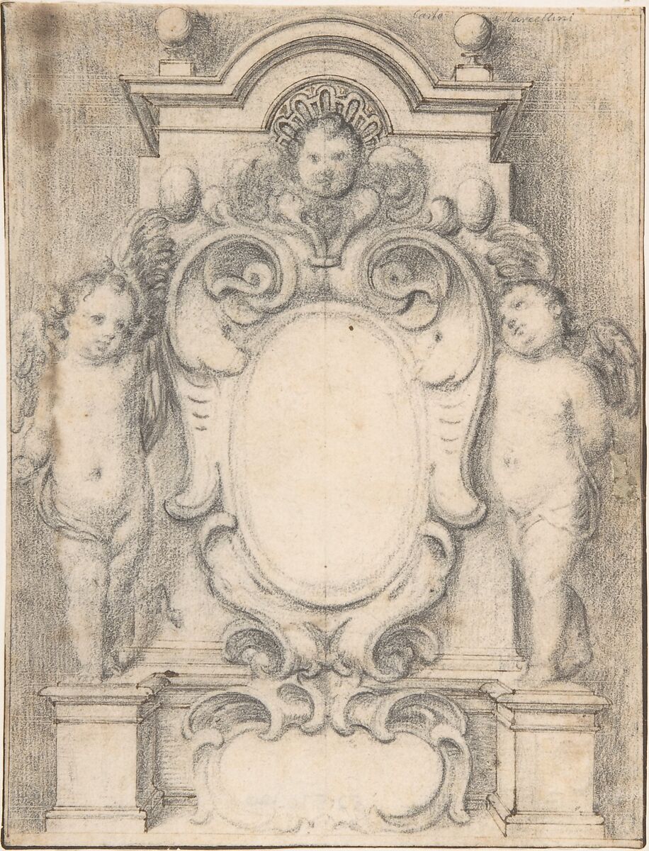 Cartouche between two cherubs on pedestals, Anonymous, Italian, 17th or 18th century, Pen and ink and leadpoint 