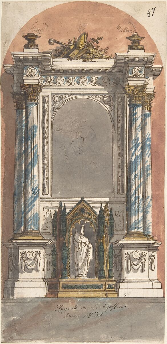 Design for an Altar with a Statue of the Virgin and Child., Anonymous, Italian, 19th century, Pen and brown ink, watercolor, over graphite with some ruled and compass construction 
