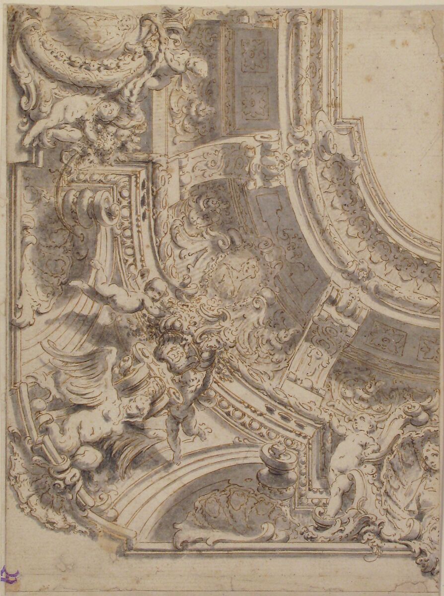 Design for a Decorated Ceiling with Statues and Stucco, Attributed to Vittorio Maria Bigari (Italian, Bologna 1692–1776 Bologna), Pen and light brown ink, brush and gray wash, over leadpoint