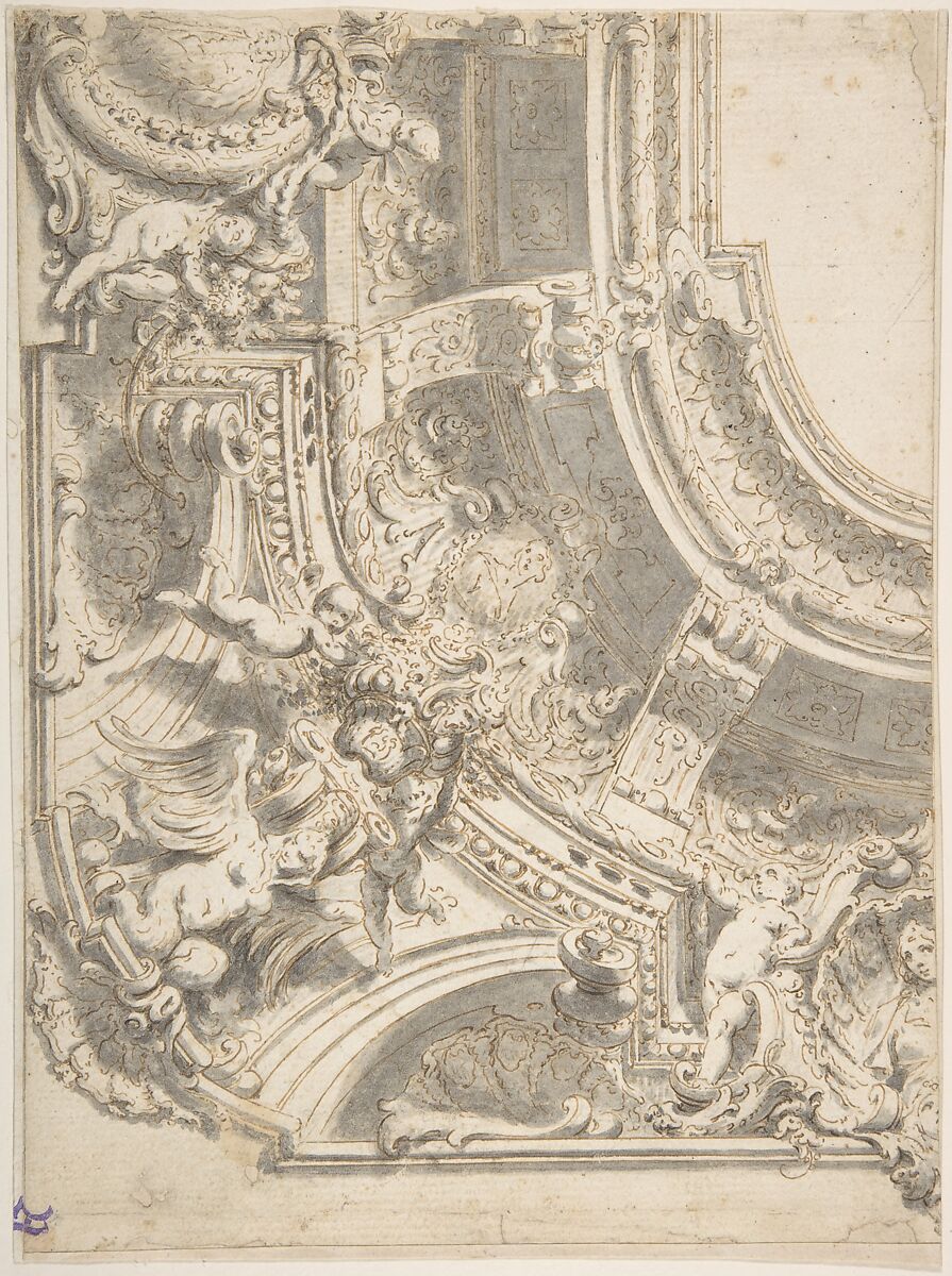 Design for a Decorated Ceiling with Statues and Stucco, Attributed to Vittorio Maria Bigari (Italian, Bologna 1692–1776 Bologna), Pen and light brown ink, brush and gray wash, over traces of leadpoint 