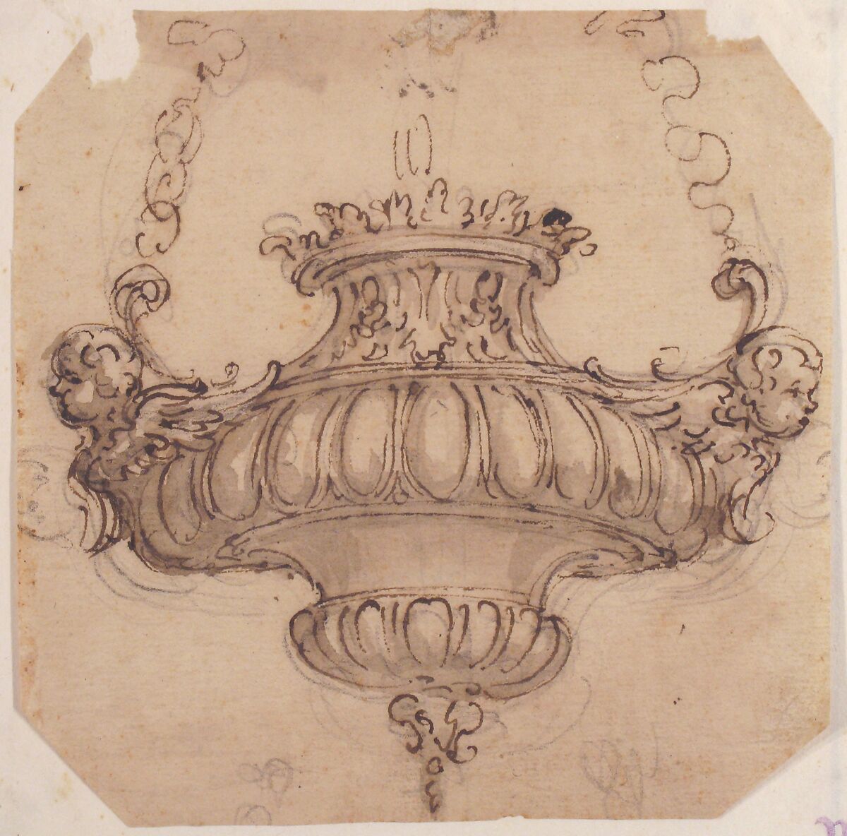Design for Suspended Censer, Attributed to Giovanni Battista Foggini (Italian, Florence 1652–1725 Florence), Pen and brown ink, brush and brown wash, over black chalk