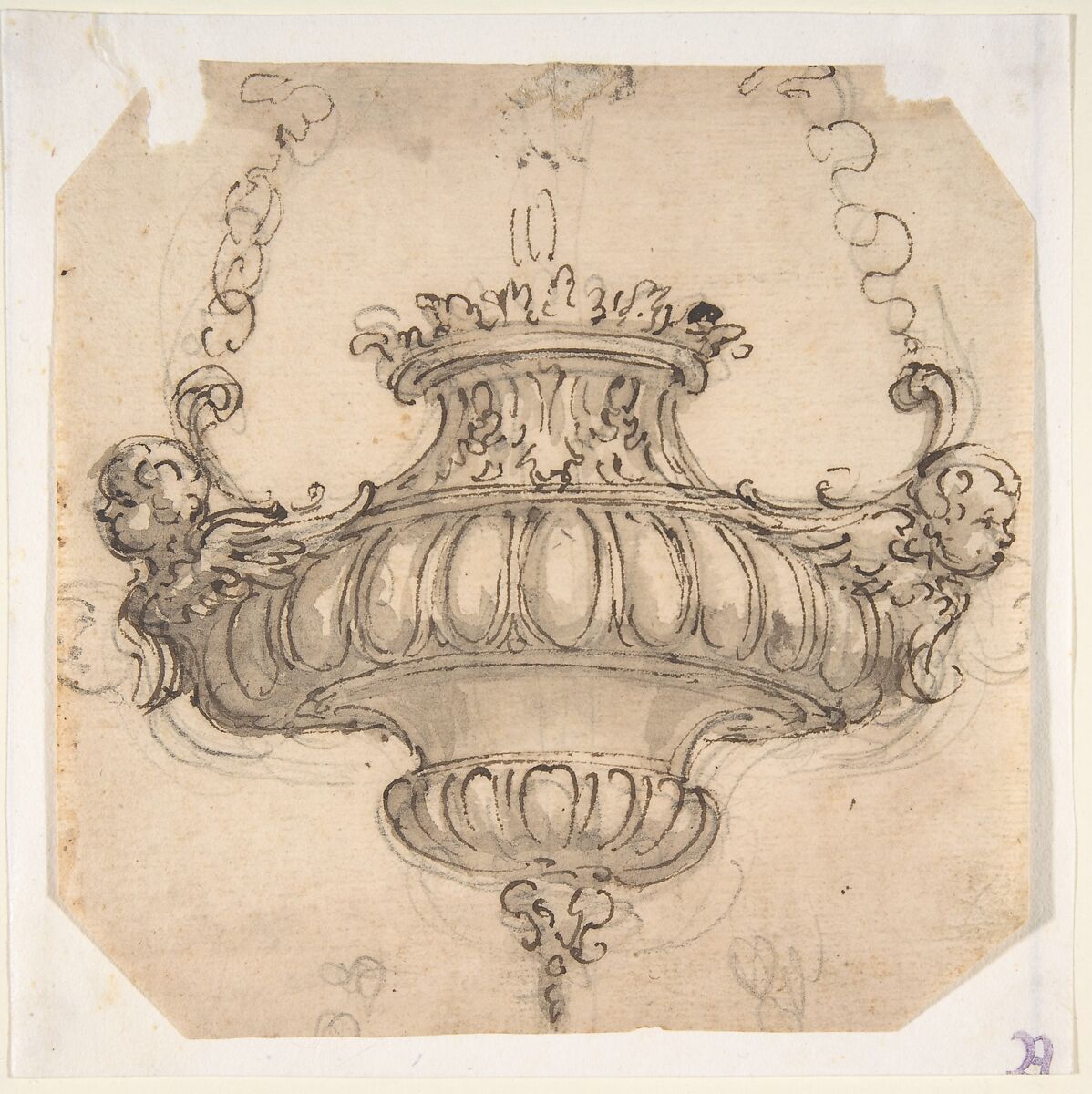 Design for Suspended Censer, Attributed to Giovanni Battista Foggini (Italian, Florence 1652–1725 Florence), Pen and brown ink, brush and brown wash, over traces of black chalk 