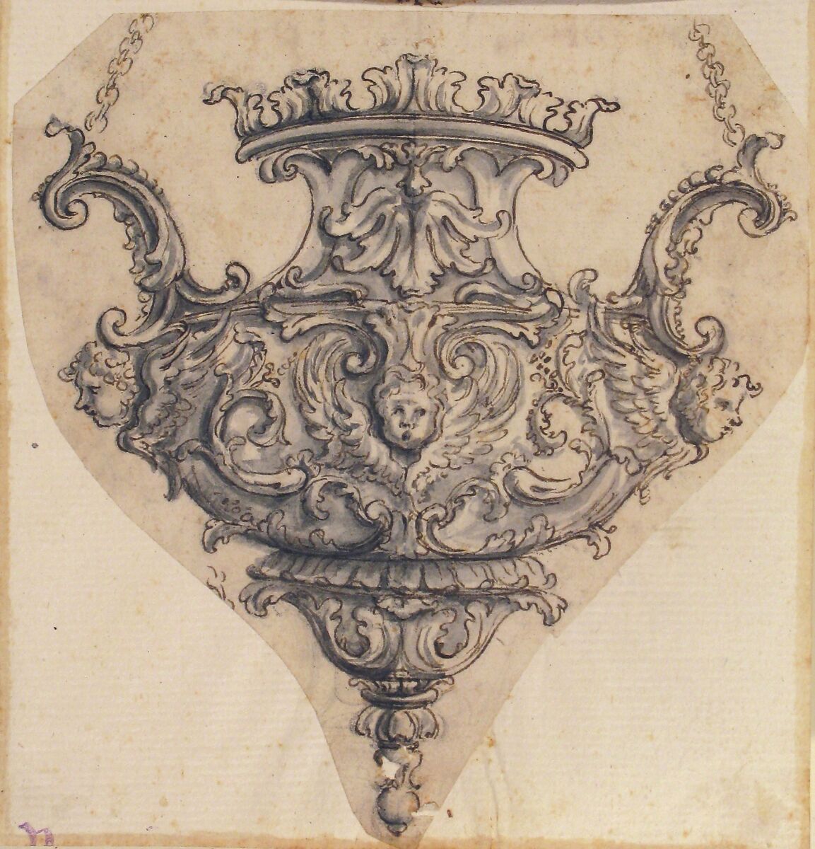 Design for Suspended Censer, Attributed to Giovanni Battista Foggini (Italian, Florence 1652–1725 Florence), Pen and brown ink, brush and gray wash over black chalk