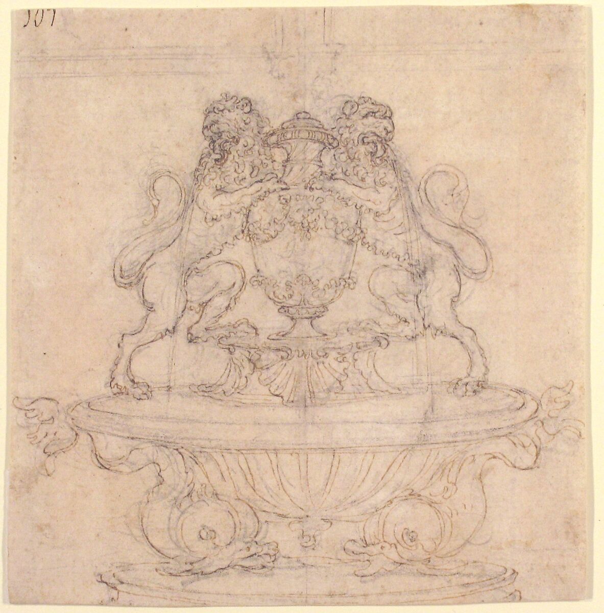 Design for a Fountain with Two Water-Spouting Lions (recto); Sketch for Triumph of Galatea [?] (verso), Attributed to Giovanni Battista Foggini (Italian, Florence 1652–1725 Florence), Pen and brown ink, over black chalk (recto); pen and brown ink, over black chalk (verso)