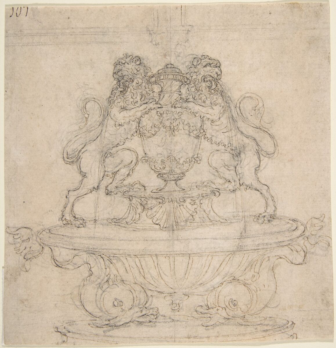 Design for a Fountain with Two Water-Spouting Lions (recto); Sketch for Triumph of Galatea [?] (verso)., Attributed to Giovanni Battista Foggini (Italian, Florence 1652–1725 Florence), Pen and brown ink, over traces of black chalk. Verso: pen and brown ink over black chalk (Verso) 