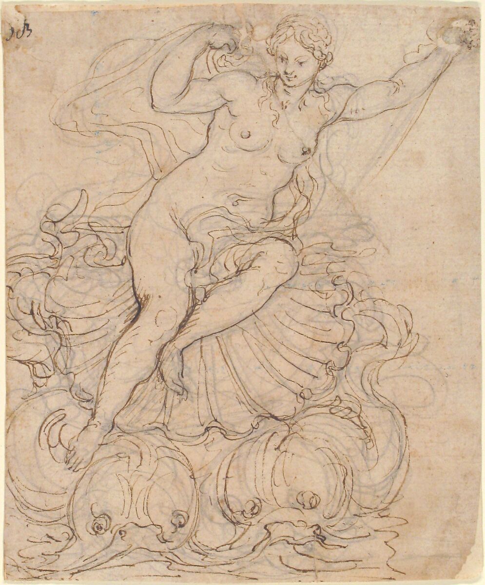 Galatea on her Chariot drawn by Dolphins, Attributed to Giovanni Battista Foggini (Italian, Florence 1652–1725 Florence), Pen and brown ink, over preliminary drawing made in black chalk