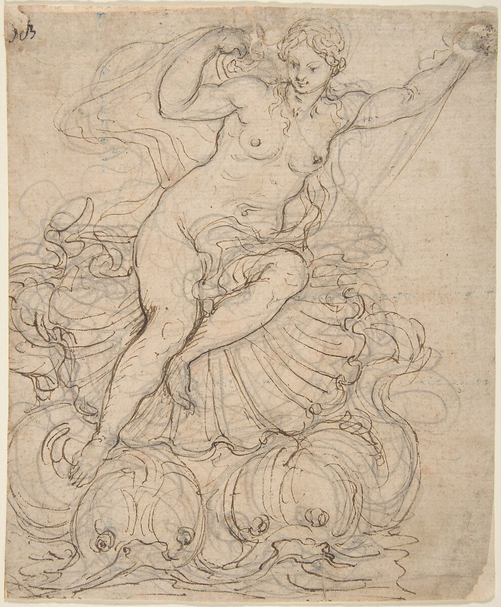 Galatea on her Chariot drawn by Dolphins, Attributed to Giovanni Battista Foggini (Italian, Florence 1652–1725 Florence), Pen and brown ink, over preliminary drawing made in black chalk 