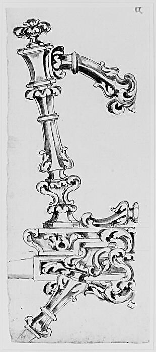 Decorated Support for Rear of a Carriage, Anonymous, Italian, 18th century, Pen and brown ink, brush and brown wash, over black chalk
