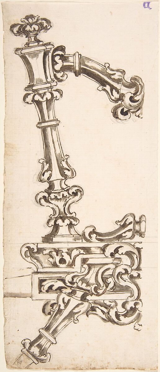 Decorated Support for Rear of a Carriage, Anonymous, Italian, 18th century, Pen and brown ink, brush and brown wash, over traces of black chalk 
