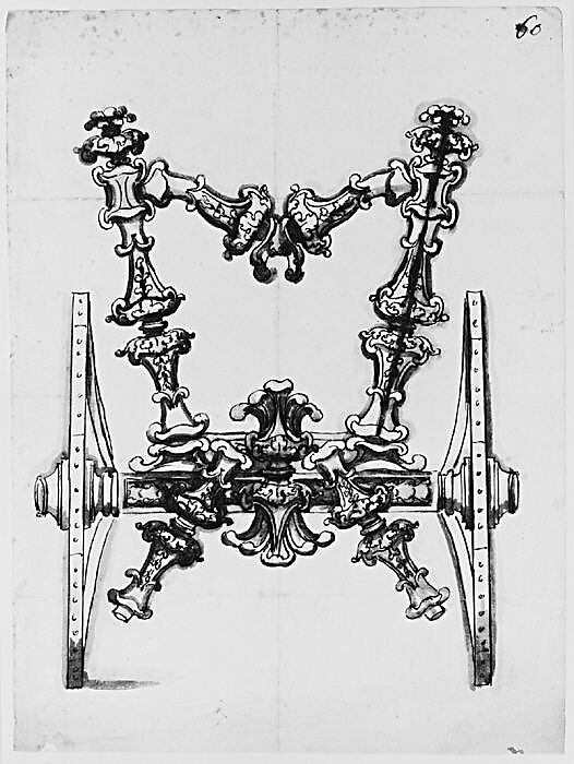 Rear View of the Wooden Structure of a Carriage, Anonymous, Italian, 18th century, Pen and brown ink, brush and brown wash, over black chalk