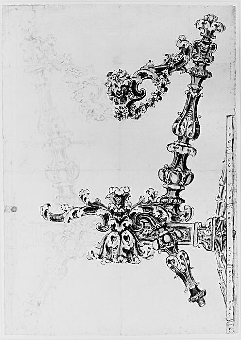 Frontal View of the Main Carved Wooden Structure of a Carriage, Anonymous, Italian, late 17th to early 18th century, Leadpoint, pen and ink, and gray and brown wash, left side in leadpoint and on larger scale than right side which is in pen and ink and gray and brown wash