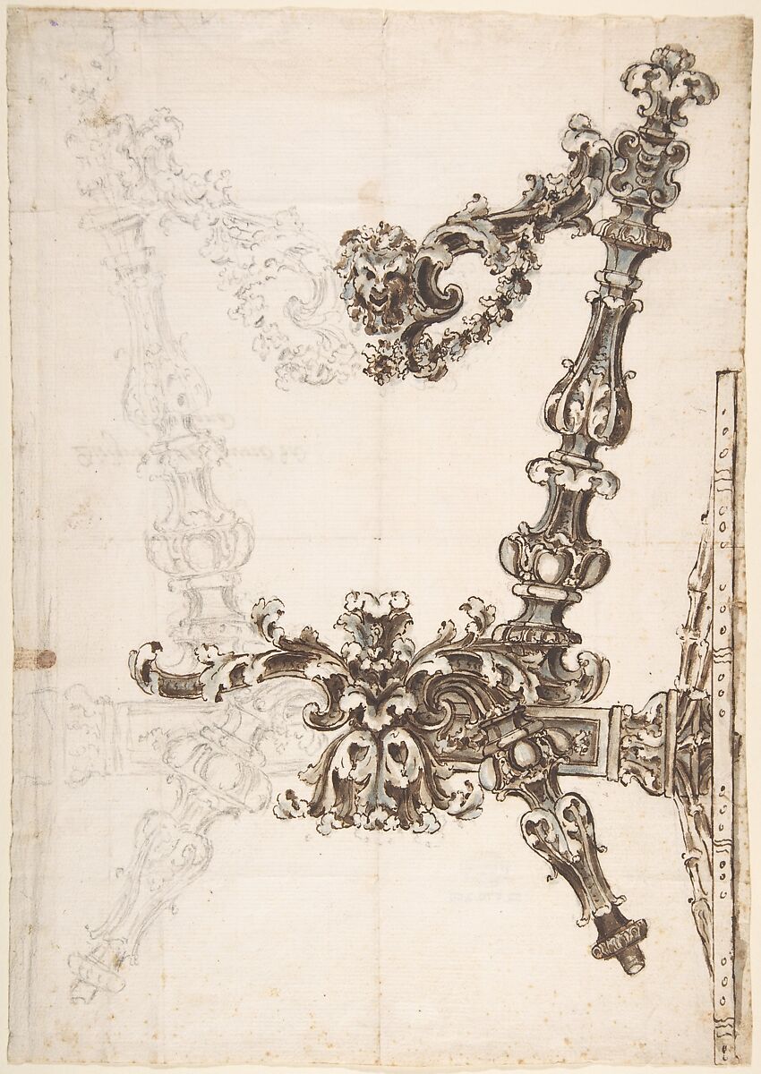 Frontal View of the Main Carved Wooden Structure of a Carriage, Anonymous, Italian, late 17th to early 18th century, Leadpoint, pen and ink, and gray and brown wash, left side in leadpoint and on larger scale than right side which is in pen and ink and gray and brown wash 