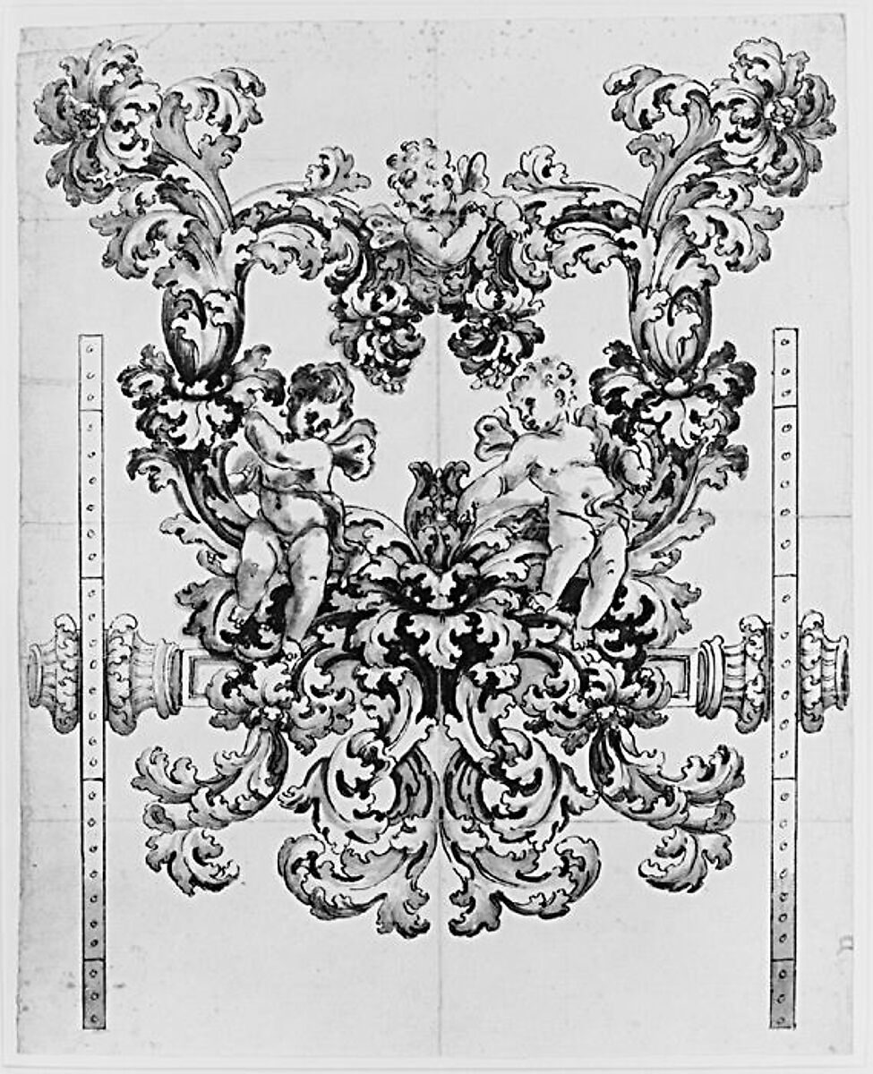 Rear View of an Elaborate Design for a Carved Wooden Carriage with Acanthus Leaves and Putti, Anonymous, Italian, late 17th to early 18th century