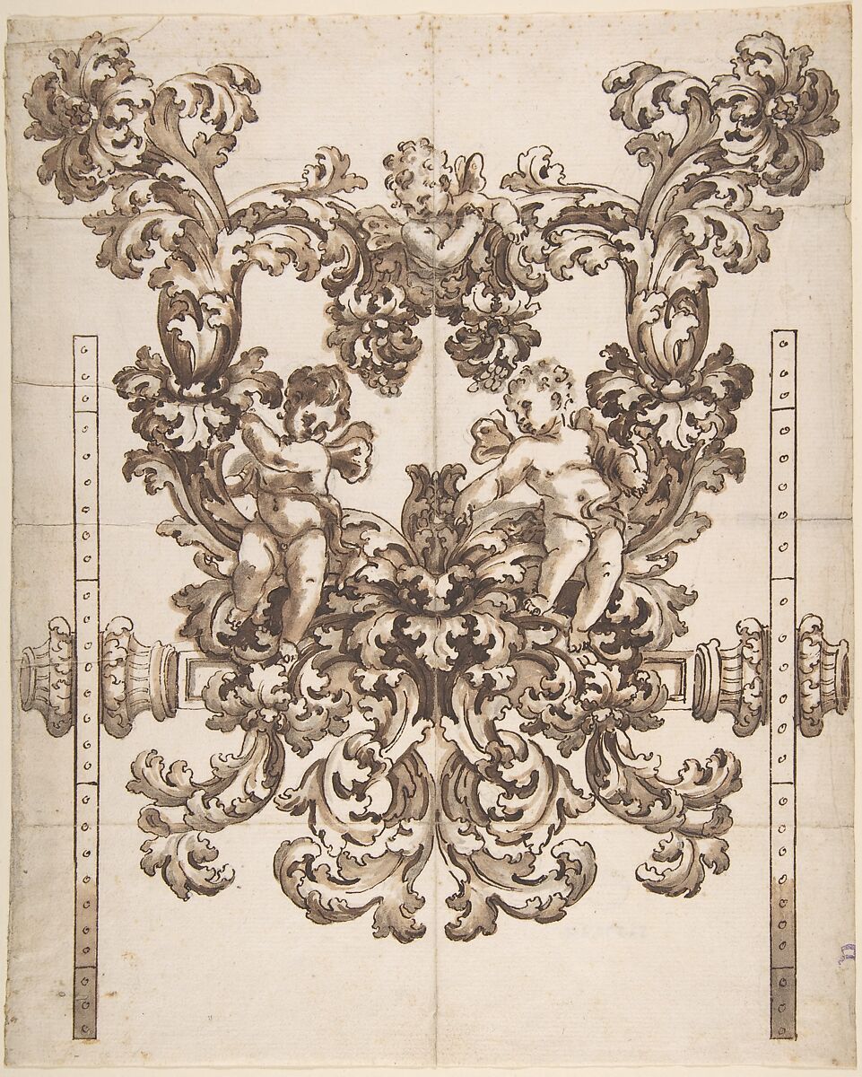 Rear View of an Elaborate Design for a Carved Wooden Carriage with Acanthus Leaves and Putti, Anonymous, Italian, late 17th to early 18th century  Italian