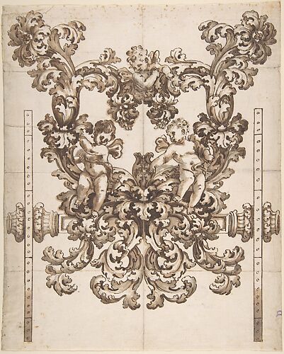 Rear View of an Elaborate Design for a Carved Wooden Carriage with Acanthus Leaves and Putti