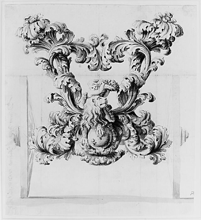 Rear View of an Elaborate Design for a Carriage with Acanthus Leaves and a Putto and Lion on top of a Ball with Three Fleurs-de-Lis, Anonymous, Italian, late 17th to early 18th century, Pen and brown ink, gray wash, over leadpoint