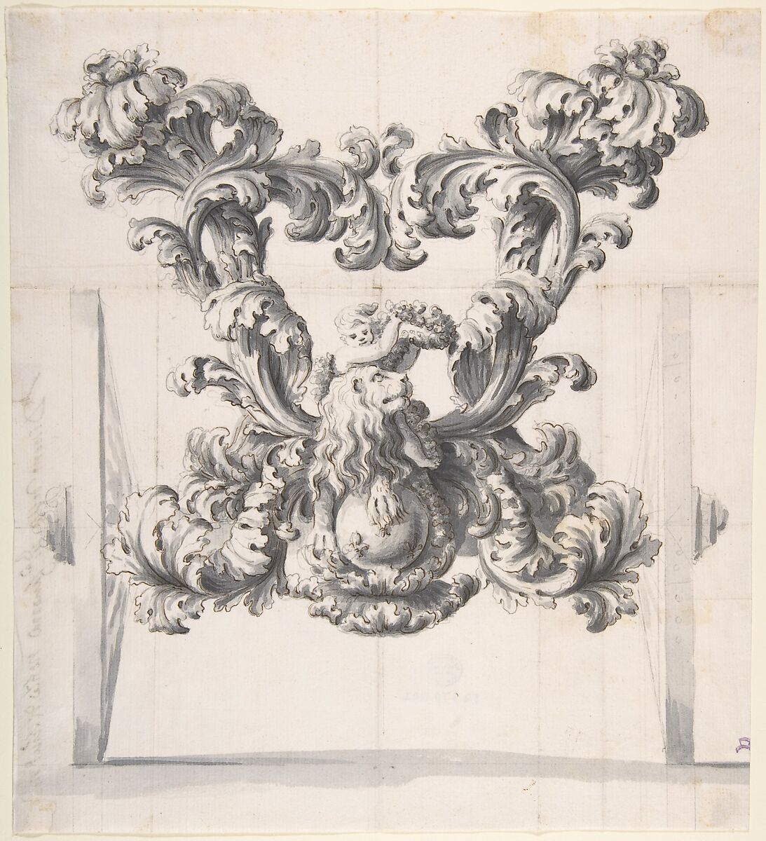 Rear View of an Elaborate Design for a Carriage with Acanthus Leaves and a Putto and Lion on top of a Ball with Three Fleurs-de-Lis, Anonymous, Italian, late 17th to early 18th century  Italian, Pen and brown ink, gray wash, over leadpoint