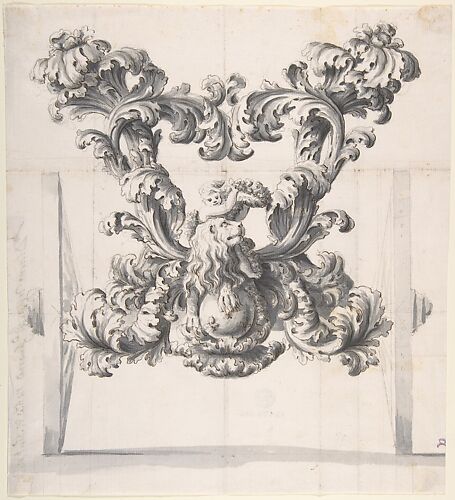 Rear View of an Elaborate Design for a Carriage with Acanthus Leaves and a Putto and Lion on top of a Ball with Three Fleurs-de-Lis