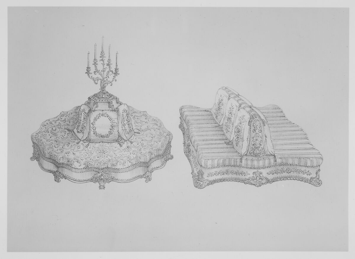 Furniture with Candelabra and Interior Decoration, Richard Hicks Bridgens (British, 1785–1846 Port of Spain, Trinidad), Illustrations: engraving, etching, hand-coloring 