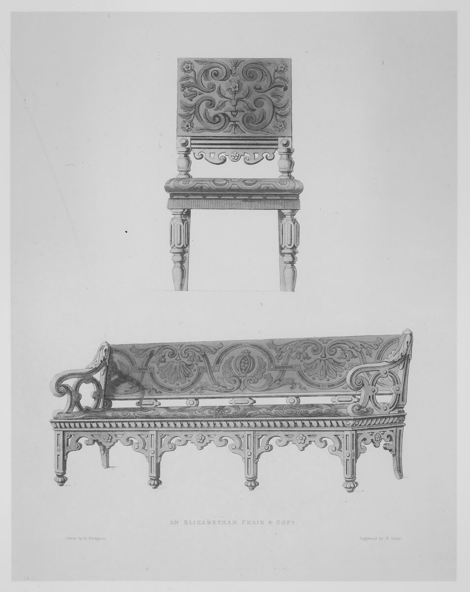 Furniture with Candelabra and Interior Decoration, Richard Hicks Bridgens (British, 1785–1846 Port of Spain, Trinidad), Illustrations: engraving, etching, hand-coloring