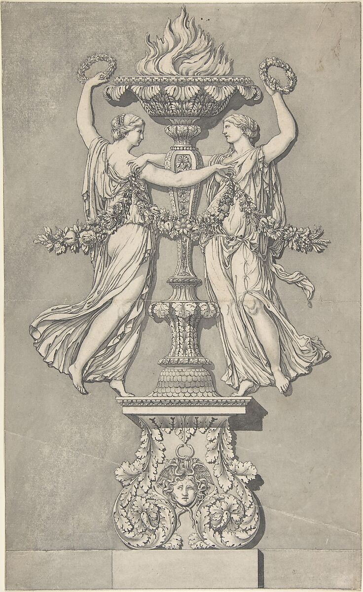 Candelabrum with Two Victory Figures (for 'Ornamenti Diversi'), Attributed to Giocondo (Giuseppe) Albertolli (Italian, Bedano 1742–1839 Milan), Pen and black ink, brush and gray wash, on gray washed paper 