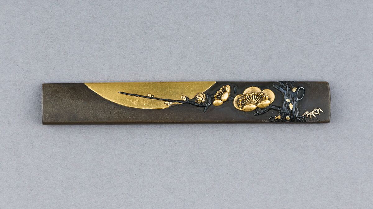 Knife Handle (Kozuka), Copper-silver alloy (shibuichi), gold, Japanese 