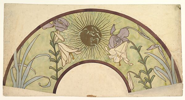 Design for a Fan with Sunburst, Lilies, and Irises, Alphonse Mucha (Czech, Ivančice 1860–1939 Prague), Watercolor and gold paint over graphite 