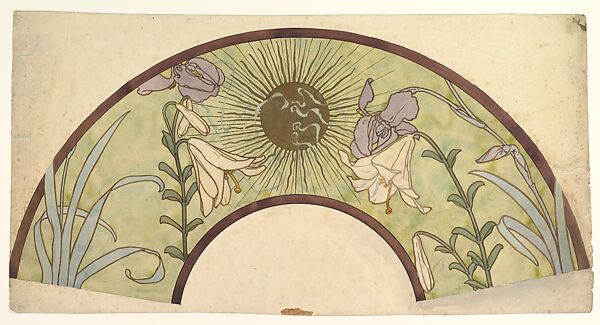 Design for a Fan with Sunburst, Lilies, and Irises