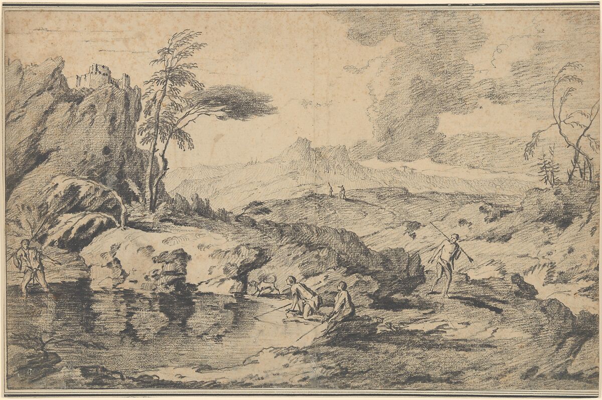 Landscape with Fishermen, Gaspard Dughet (French, Rome 1615–1675 Rome), Black chalk 