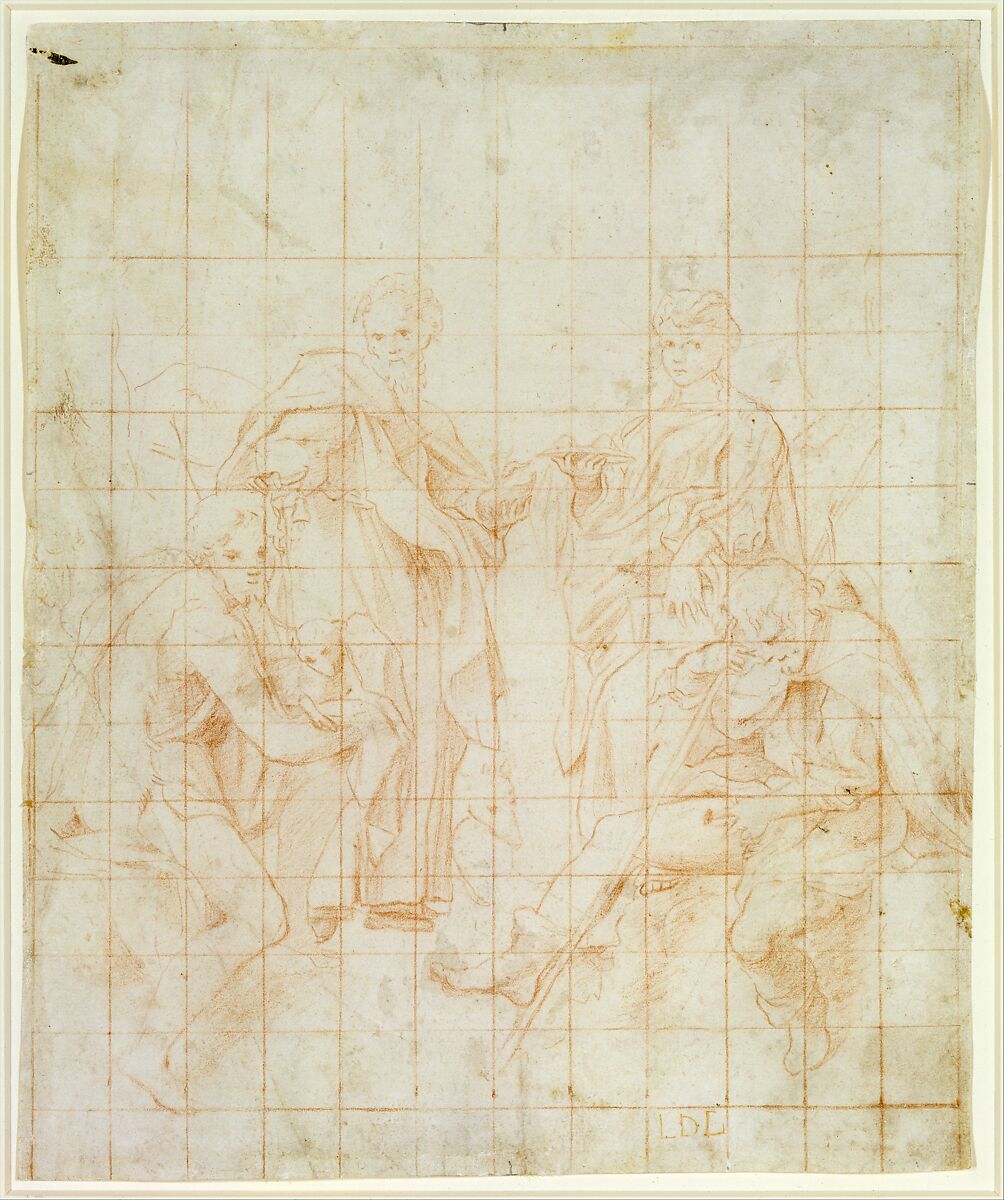Study of Four Saints, Correggio (Antonio Allegri) (Italian, Correggio, active by 1514–died 1534 Correggio), Red chalk; squared in red chalk
