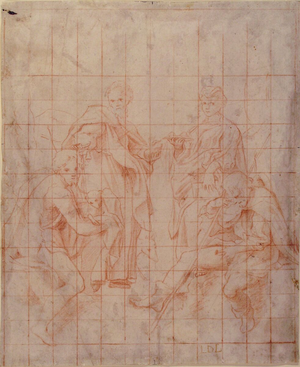 Study of Four Saints, Correggio (Antonio Allegri) (Italian, Correggio, active by 1514–died 1534 Correggio), Red chalk; squared in red chalk