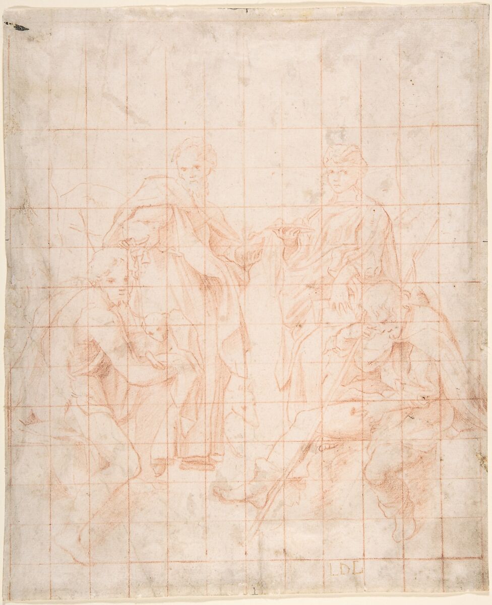 Study of Four Saints, Correggio (Antonio Allegri) (Italian, Correggio, active by 1514–died 1534 Correggio), Red chalk; squared for transfer 
