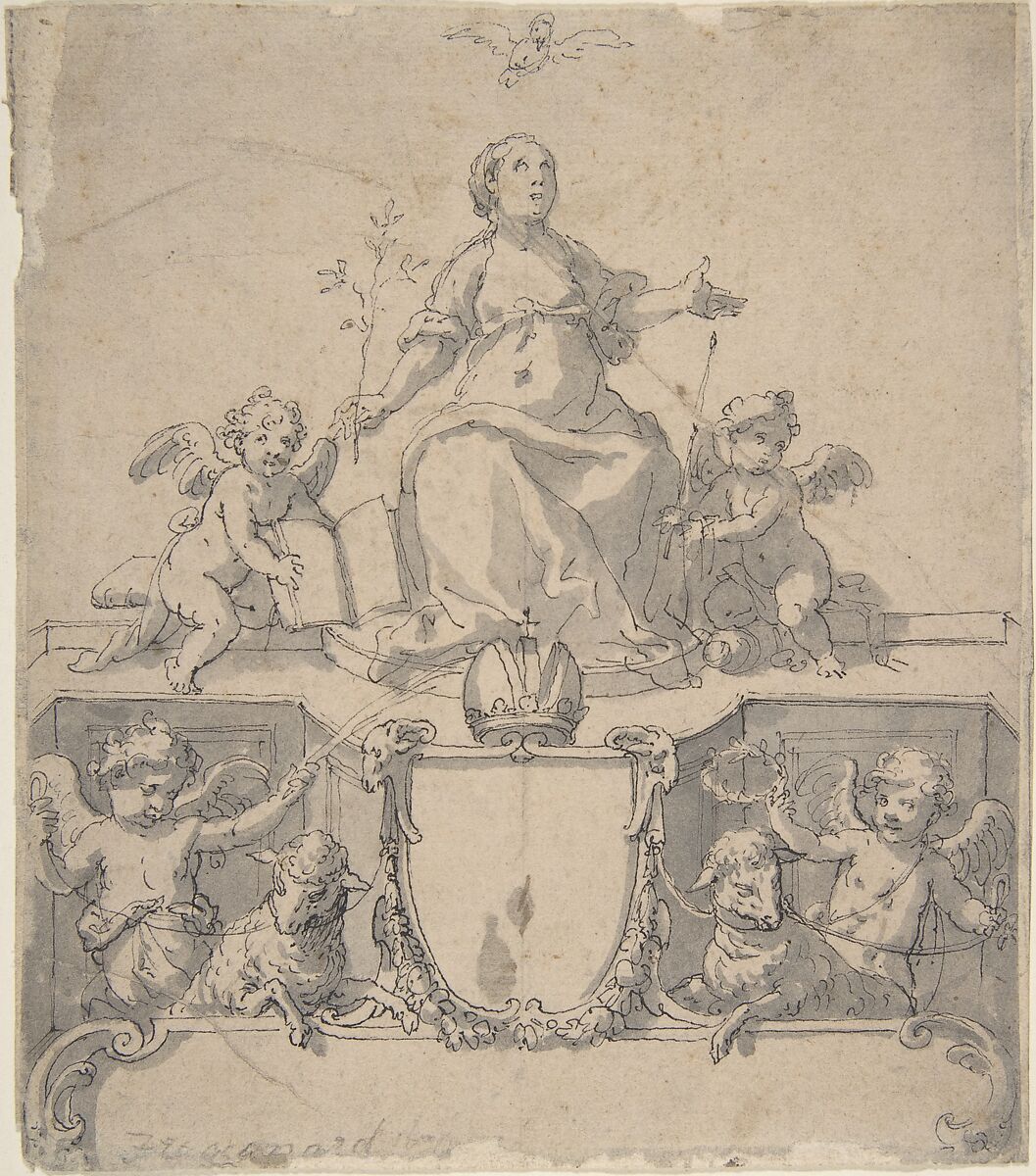 Cartouche with a Crown, the Virgin (?) and the Holy Ghost, and Four Putti, Johann Matthias Kager (German, Munich 1575–1634 Augsburg), Pen and black ink, gray wash 