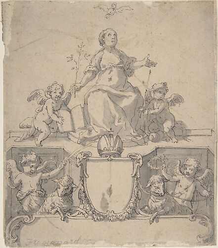 Cartouche with a Crown, the Virgin (?) and the Holy Ghost, and Four Putti