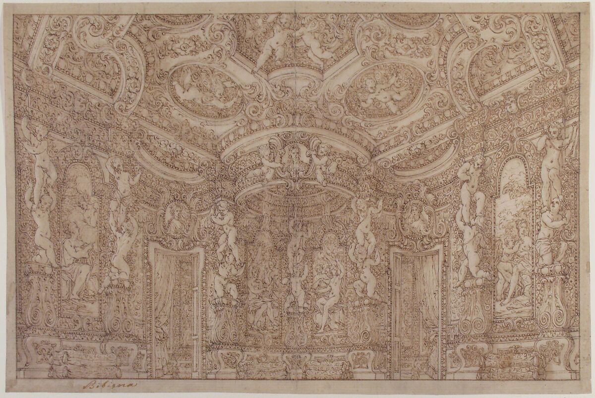 Design for a Stage Set of a Palace Interior Decorated with Putti, Garlands and Three Portrait Medallions, Attributed to Ferdinando Galli Bibiena (Italian, Bologna 1657–1743 Bologna), Pen and brown ink over traces of graphite