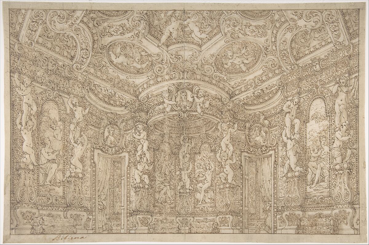 Design for a Stage Set of a Palace Interior Decorated with Putti, Garlands and Three Portrait Medallions, Attributed to Ferdinando Galli Bibiena (Italian, Bologna 1657–1743 Bologna), Pen and brown ink over traces of graphite 