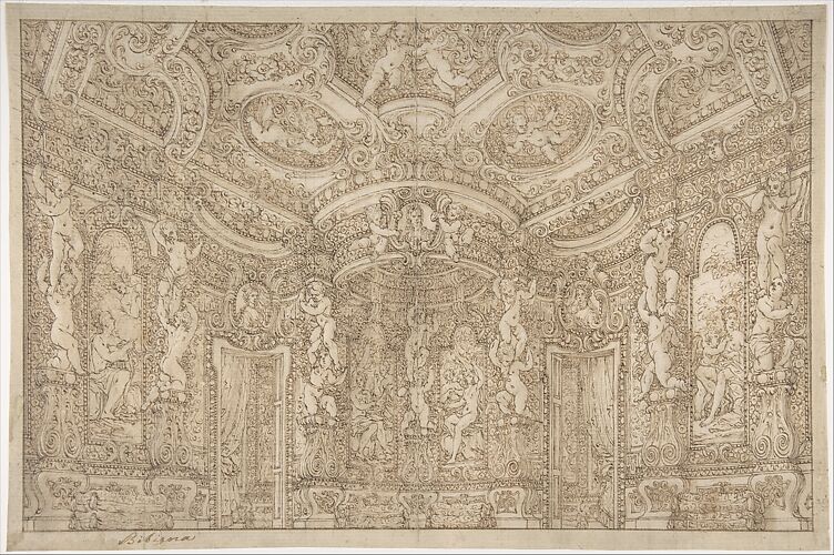 Design for a Stage Set of a Palace Interior Decorated with Putti, Garlands and Three Portrait Medallions