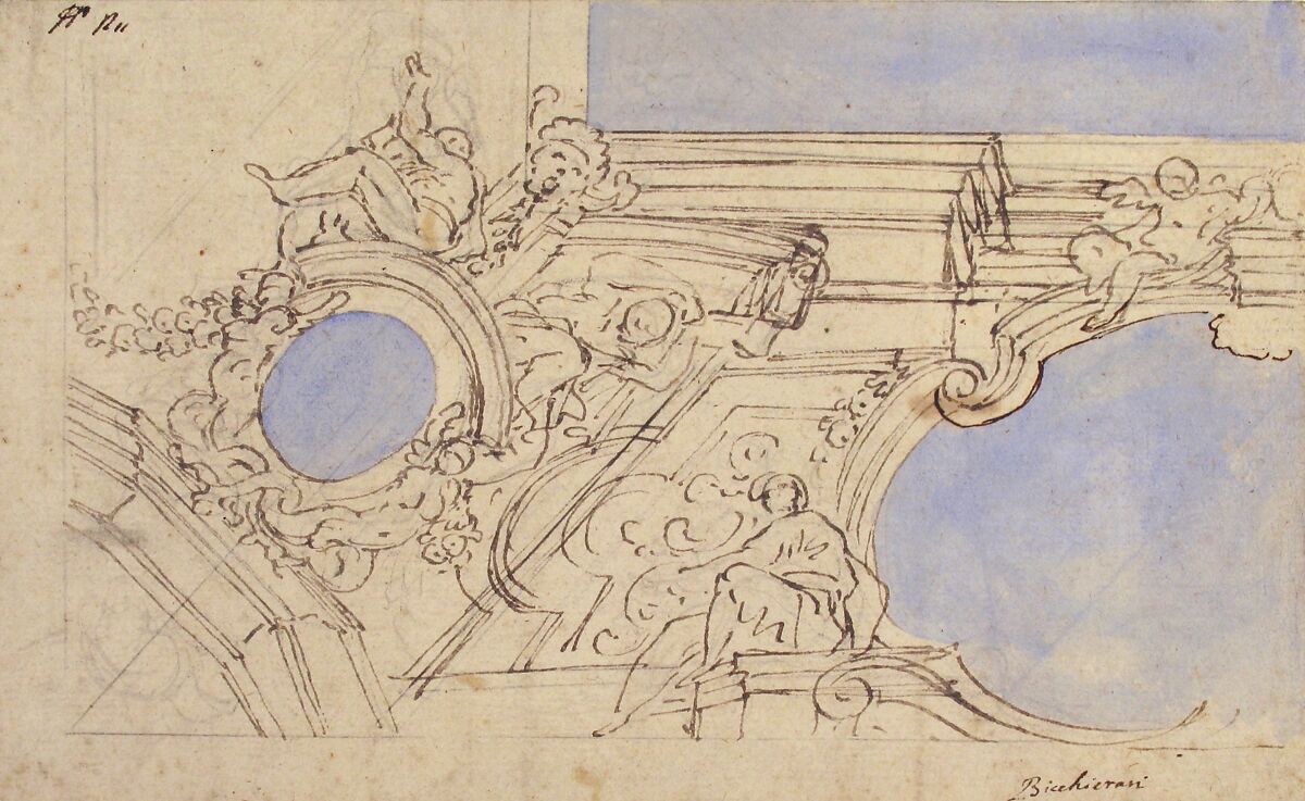 A Foreshortened View of a Ceiling Corner Decorated with Statues, Putti and Garlands, Attributed to Luigi Garzi (Italian, Pistoia 1638–1721 Rome), Pen and brown ink brush and blue wash over black chalk